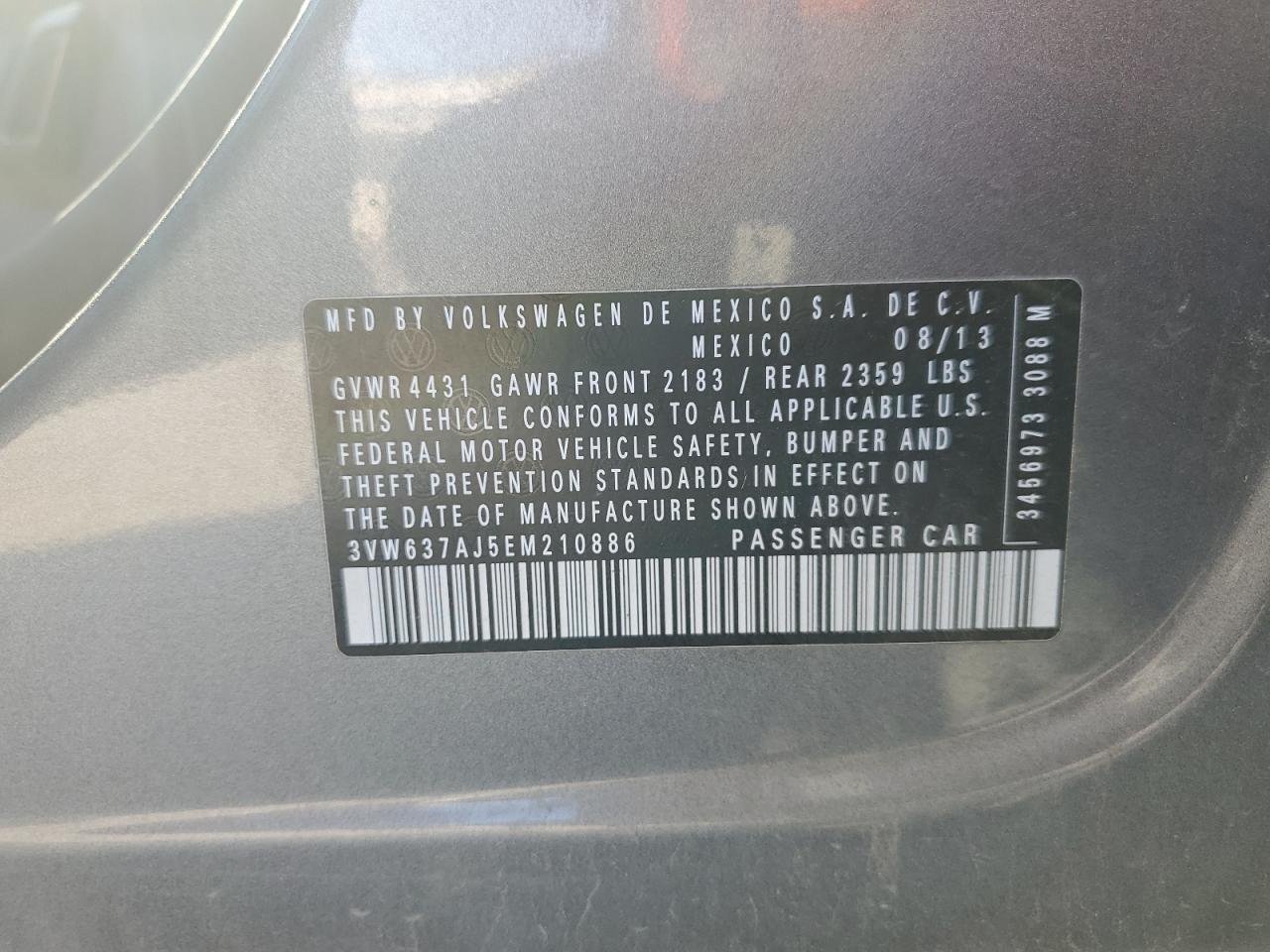 2014 Volkswagen Jetta VIN 3VW637AJ5EM210886 Copart auction photo, front end damage thumbnail 15