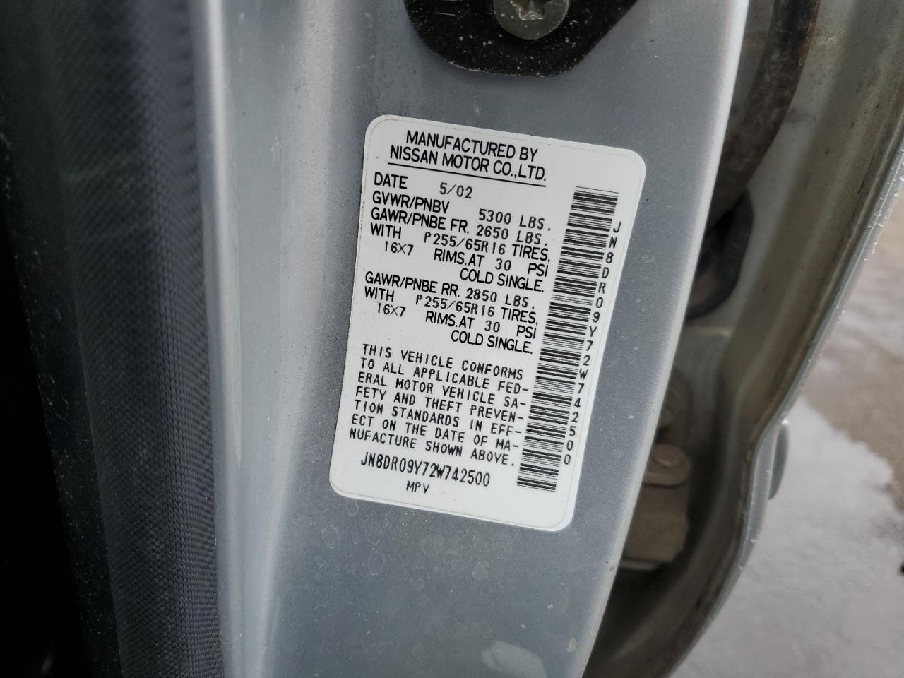 2002 Nissan Pathfinder VIN JN8DR09Y72W742500 Copart auction photo, front end / minor dent/scratches damage thumbnail 14