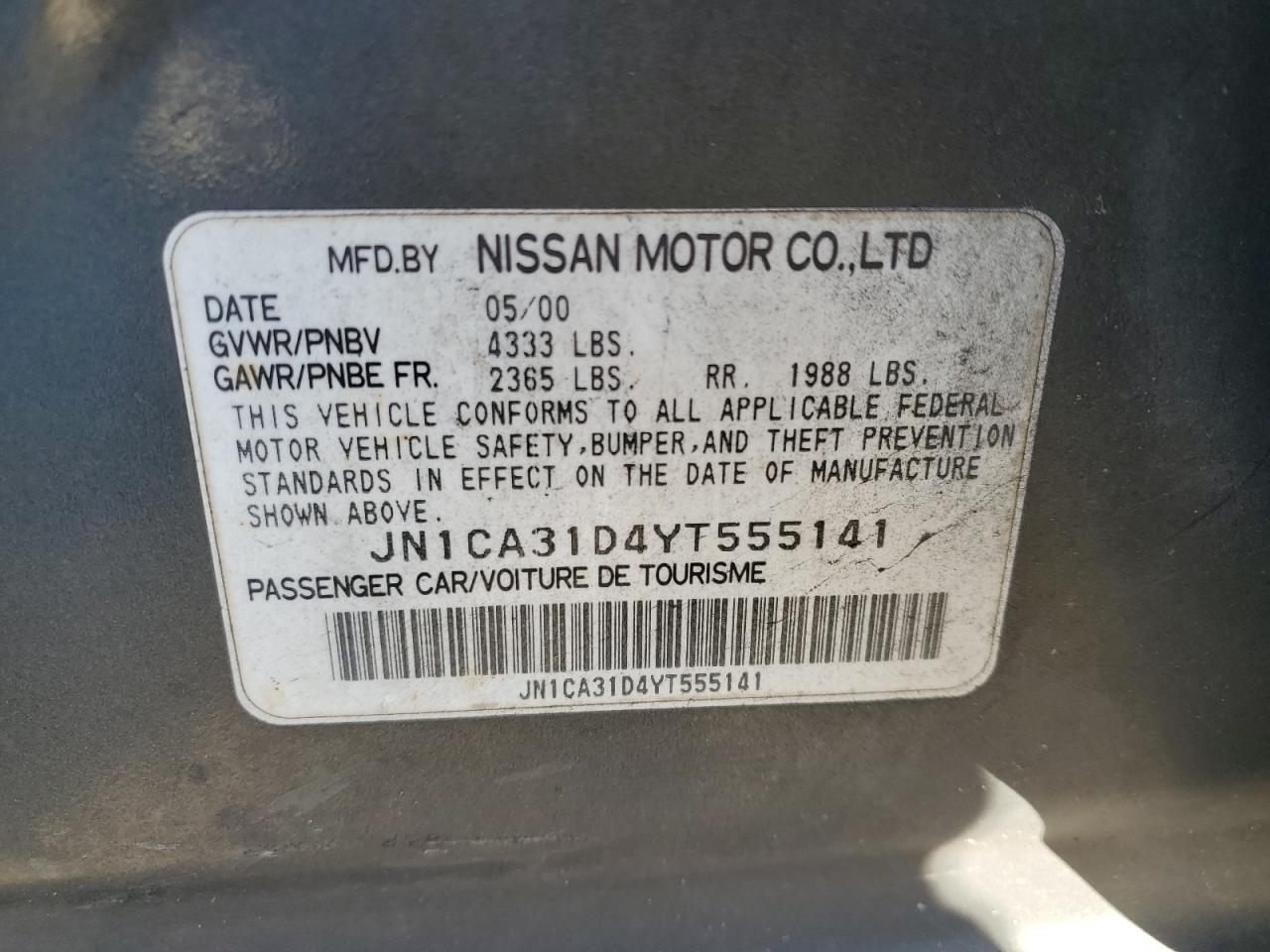 2000 Nissan Maxima VIN JN1CA31D4YT555141 Copart auction photo, side damage thumbnail 12