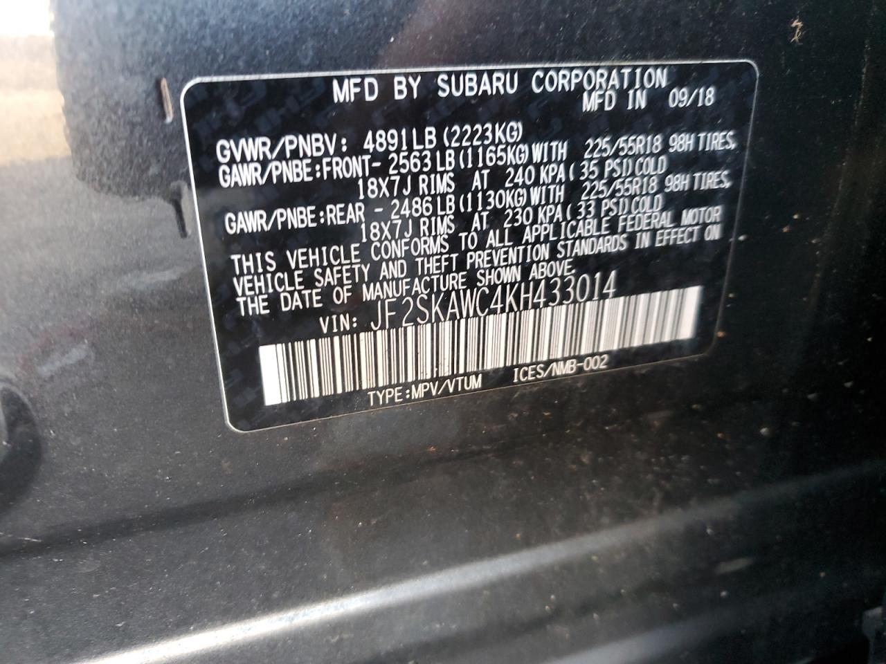 2019 Subaru Forester VIN JF2SKAWC4KH433014 Copart auction photo, front end damage thumbnail 14