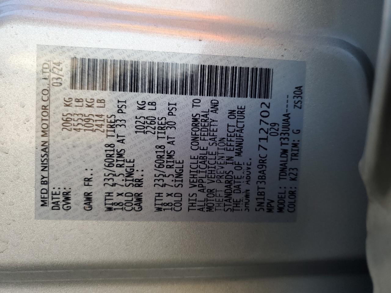 2024 Nissan Rogue VIN 5N1BT3BA9RC712702 Copart auction photo, rear end / minor dent/scratches damage thumbnail 13