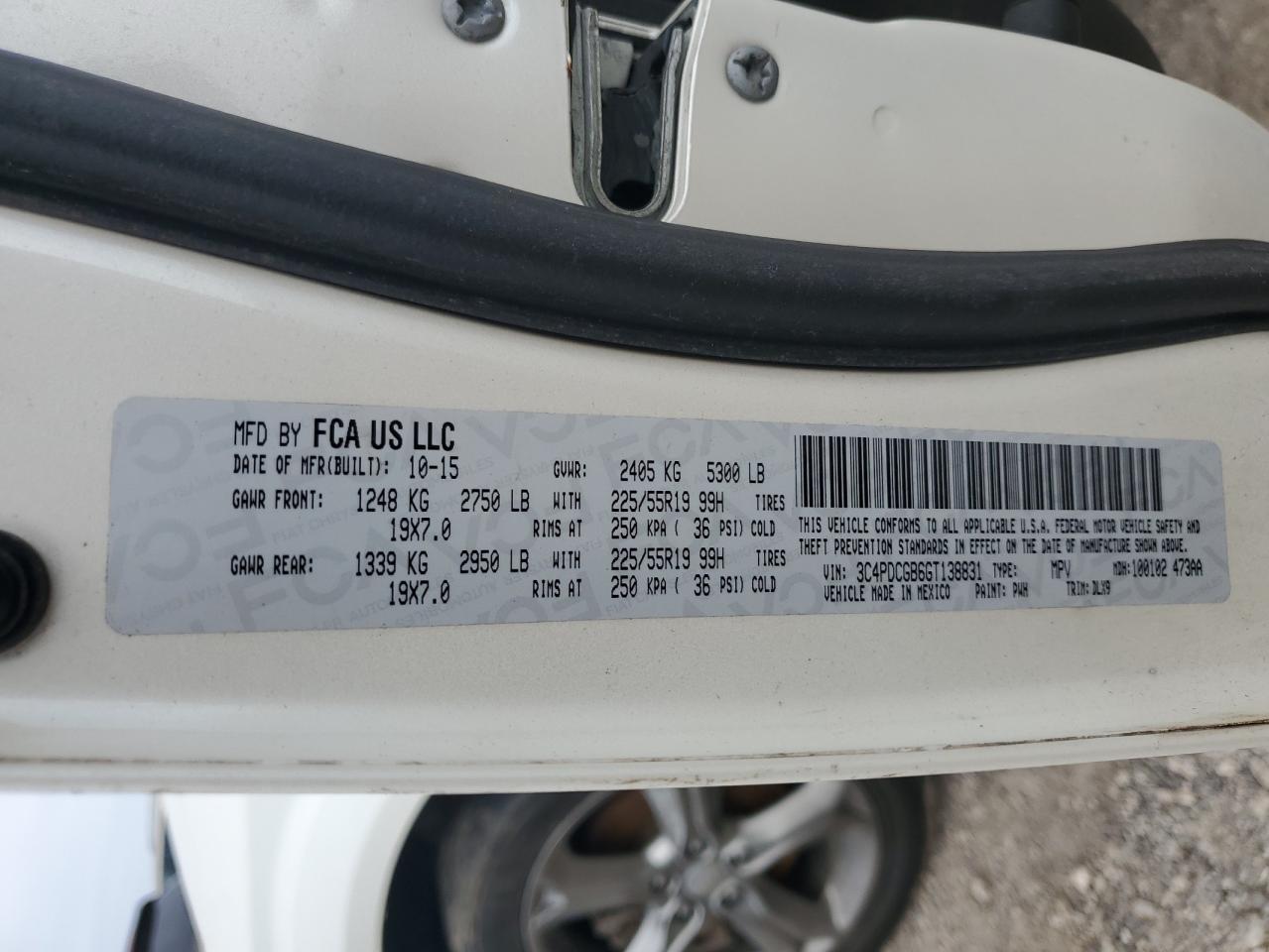 2016 Dodge Journey VIN 3C4PDCGB6GT138831 Copart auction photo, front end / minor dent/scratches damage thumbnail 12