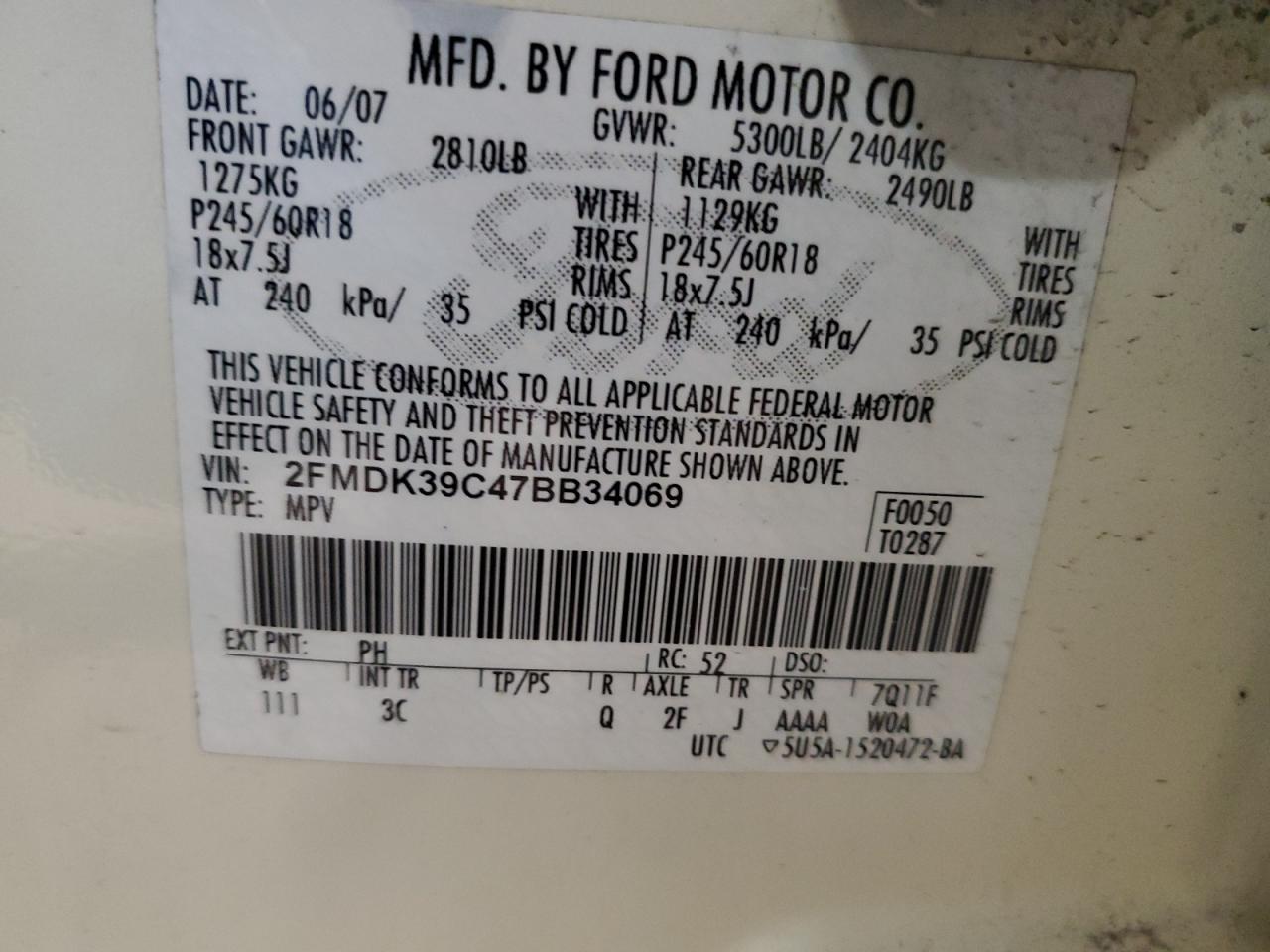 2007 Ford Edge VIN 2FMDK39C47BB34069 Copart auction photo, minor dent/scratches damage thumbnail 13