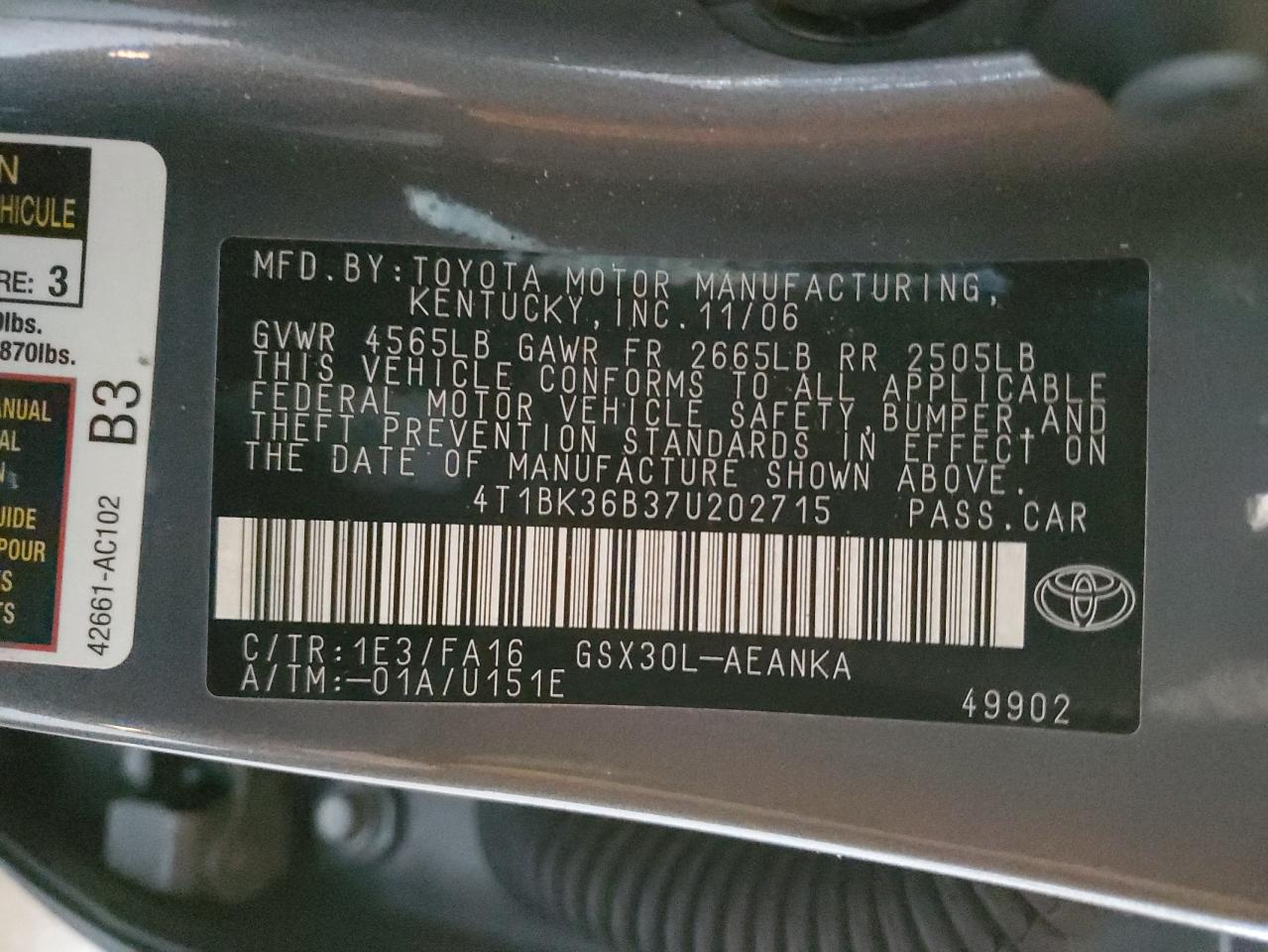 2007 Toyota Avalon VIN 4T1BK36B37U202715 Copart auction photo, rear end / front end damage thumbnail 12
