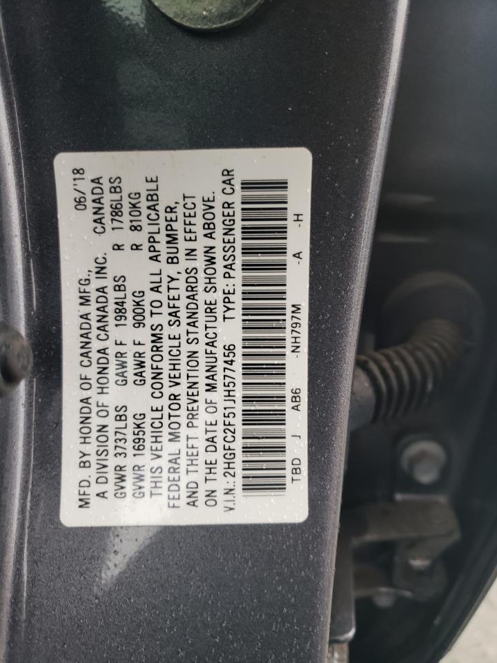 2018 Honda Civic VIN 2HGFC2F51JH577456 Copart auction photo, side / rear end damage thumbnail 14