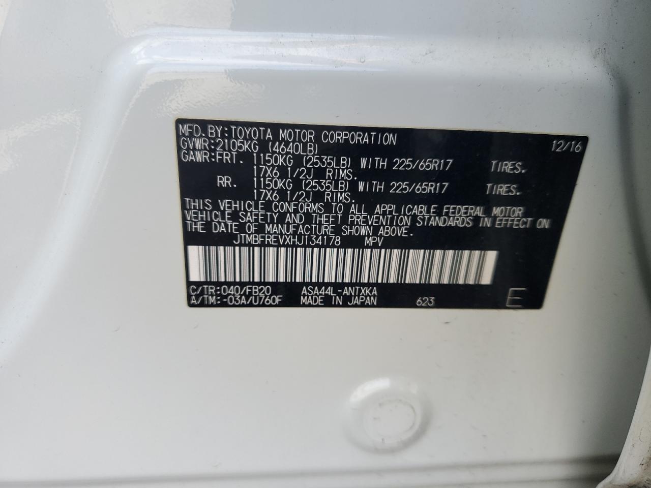 2017 Toyota RAV 4 VIN JTMBFREVXHJ134178 Copart auction photo, rear end / side damage thumbnail 13