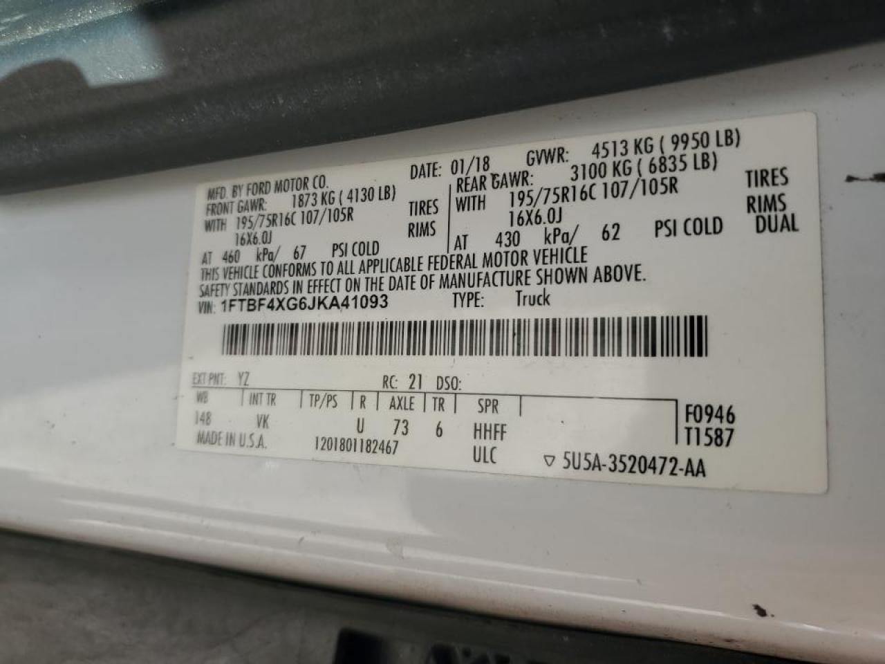 2018 Ford Transit VIN 1FTBF4XG6JKA41093 Copart auction photo, front end / side damage thumbnail 16