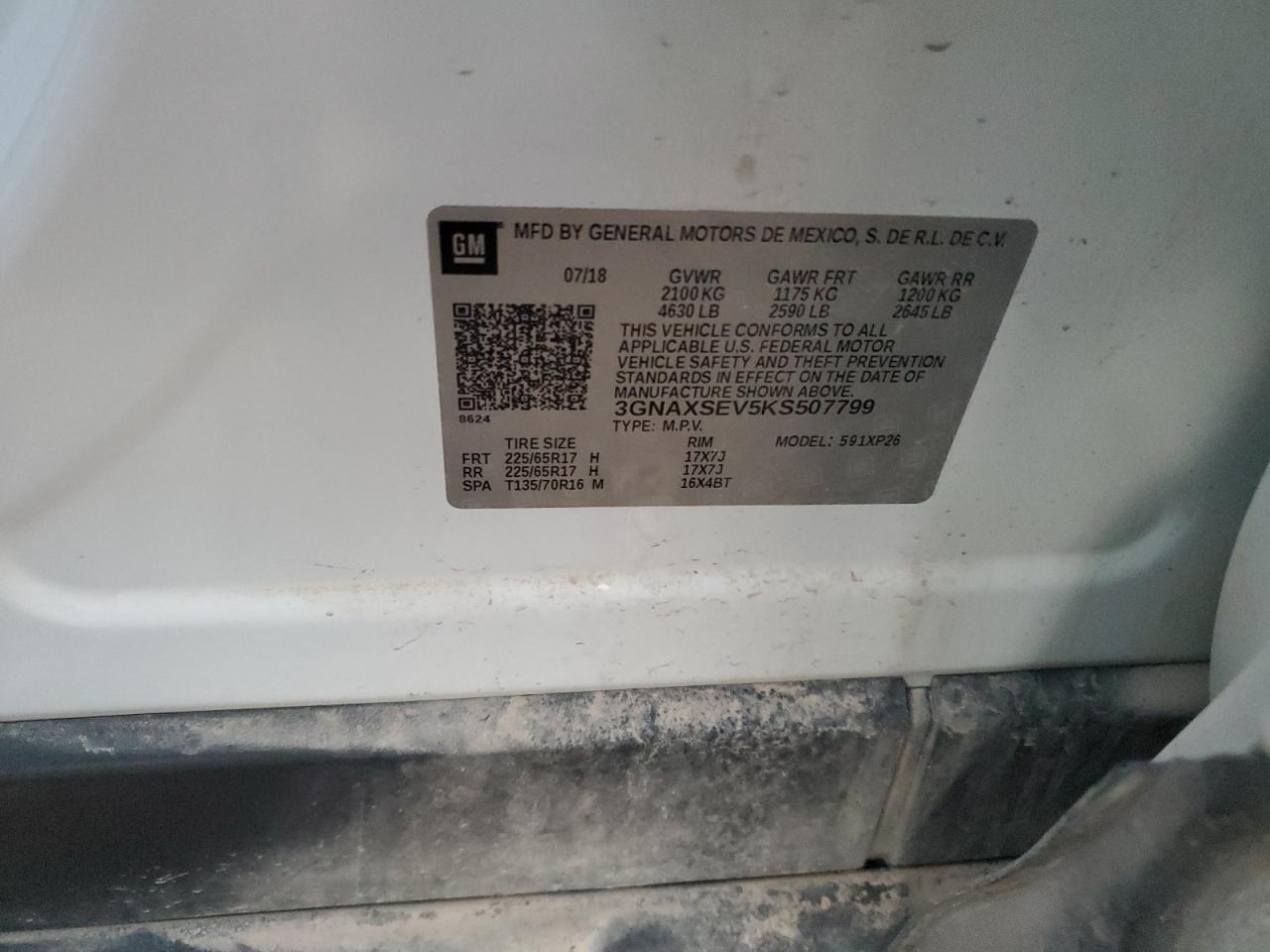 2019 Chevrolet Equinox VIN 3GNAXSEV5KS507799 Copart auction photo, front end / side damage thumbnail 15