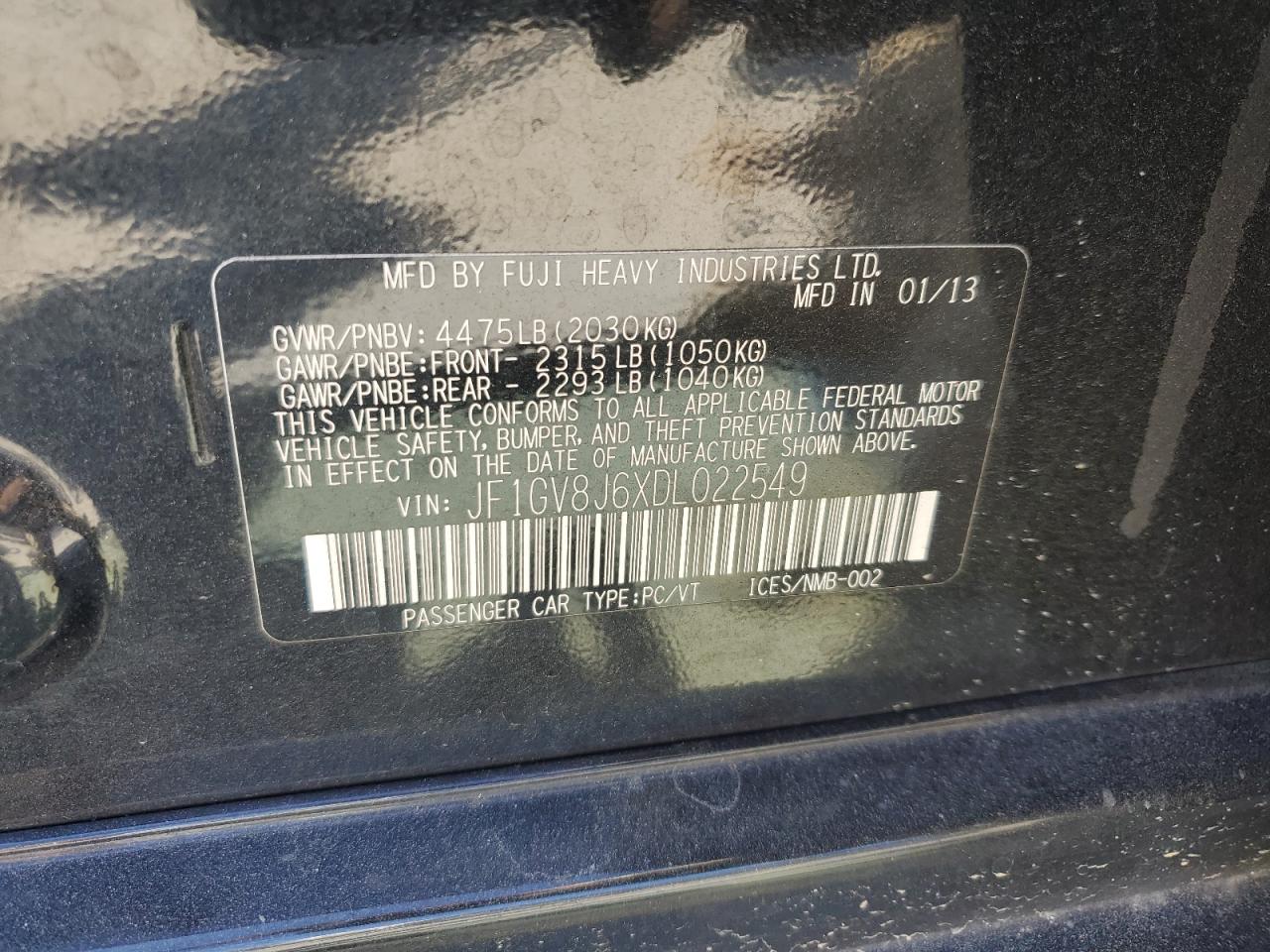 2013 Subaru WRX VIN JF1GV8J6XDL022549 Copart auction photo, front end damage thumbnail 15