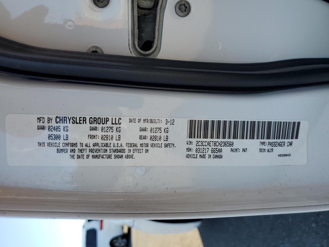 2012 Chrysler 300 VIN 2C3CCAET8CH236560 Copart auction photo, front end / undercarriage damage thumbnail 12