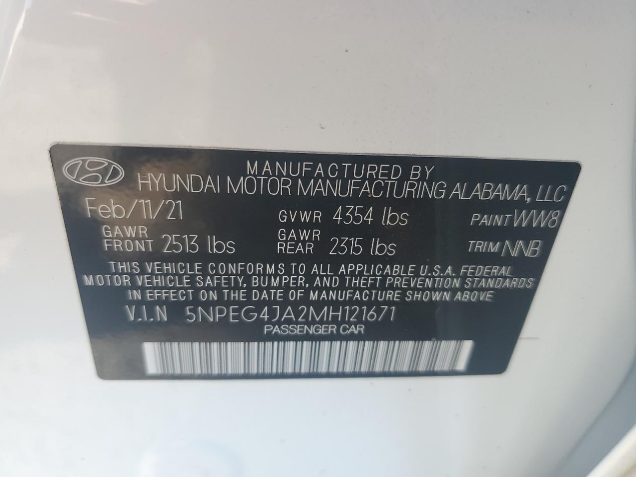 2021 Hyundai Sonata VIN 5NPEG4JA2MH121671 Copart auction photo, rear end / front end damage thumbnail 12