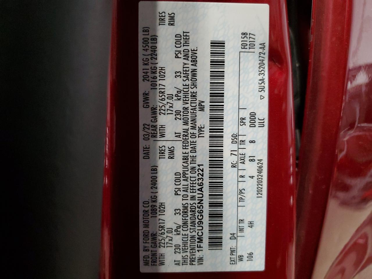 2022 Ford Escape VIN 1FMCU9G65NUA63221 Copart auction photo, side damage thumbnail 14