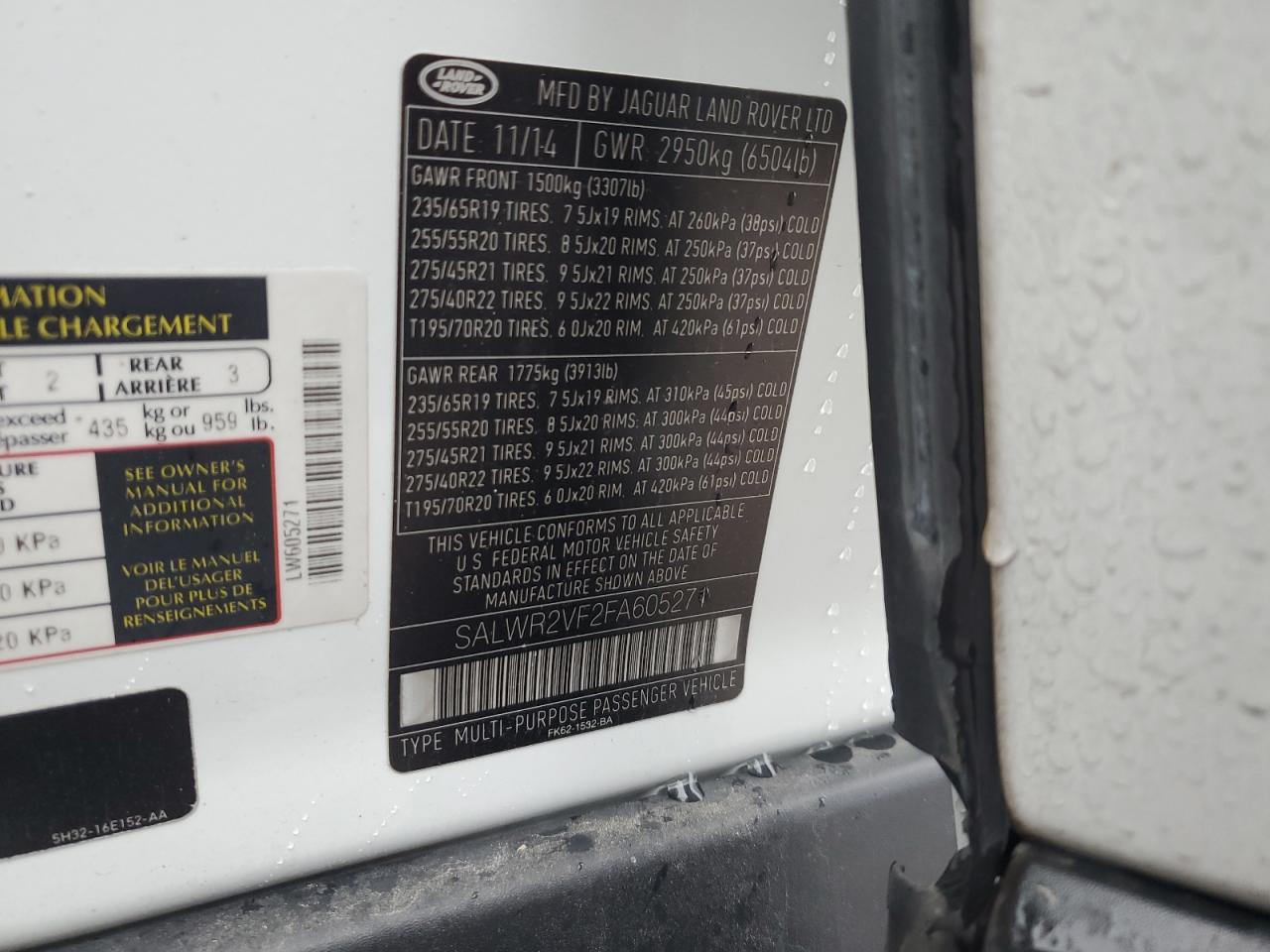 2015 Land Rover Range Rover VIN SALWR2VF2FA605271 Copart auction photo, front end damage thumbnail 12