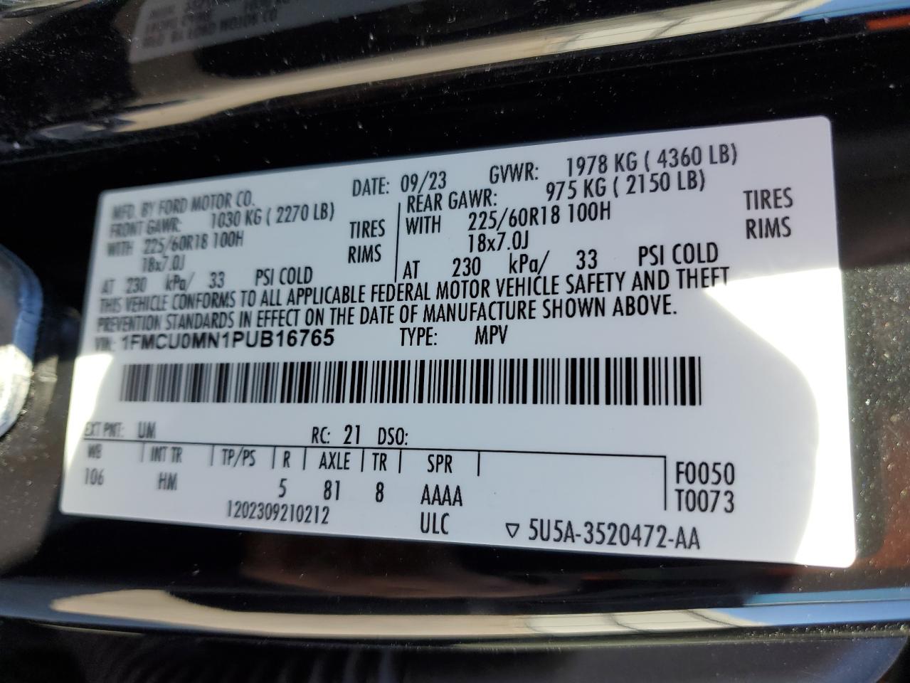 2023 Ford Escape VIN 1FMCU0MN1PUB16765 Copart auction photo, front end / side damage thumbnail 15
