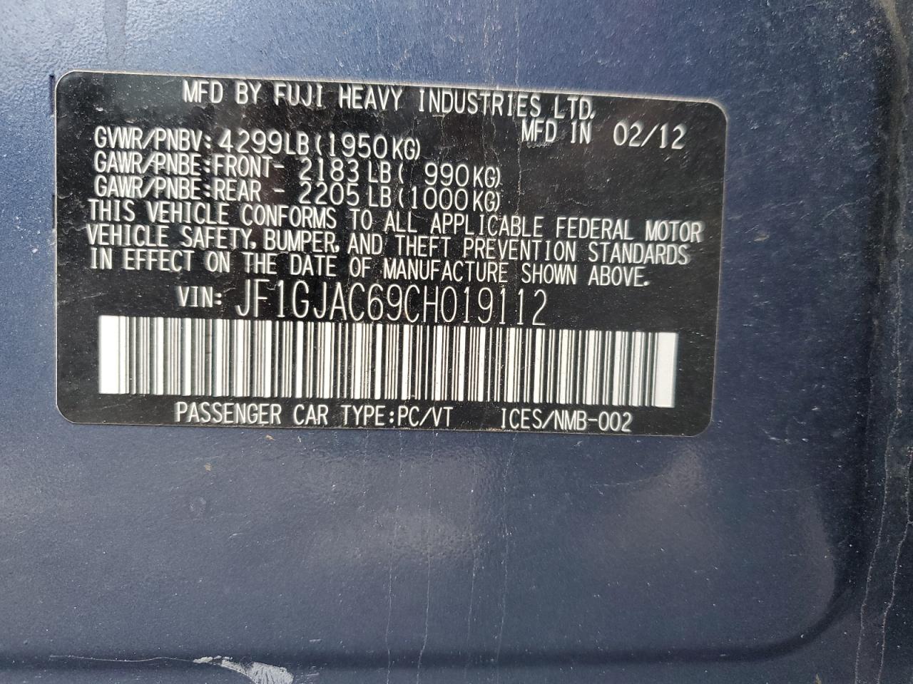 2012 Subaru Impreza VIN JF1GJAC69CH019112 Copart auction photo, mechanical / minor dent/scratches damage thumbnail 12