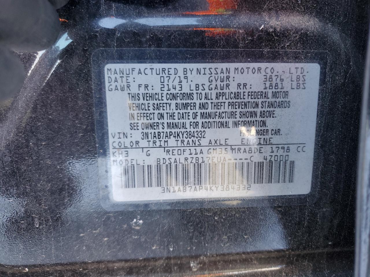 2019 Nissan Sentra VIN 3N1AB7AP4KY384332 Copart auction photo, front end / minor dent/scratches damage thumbnail 13