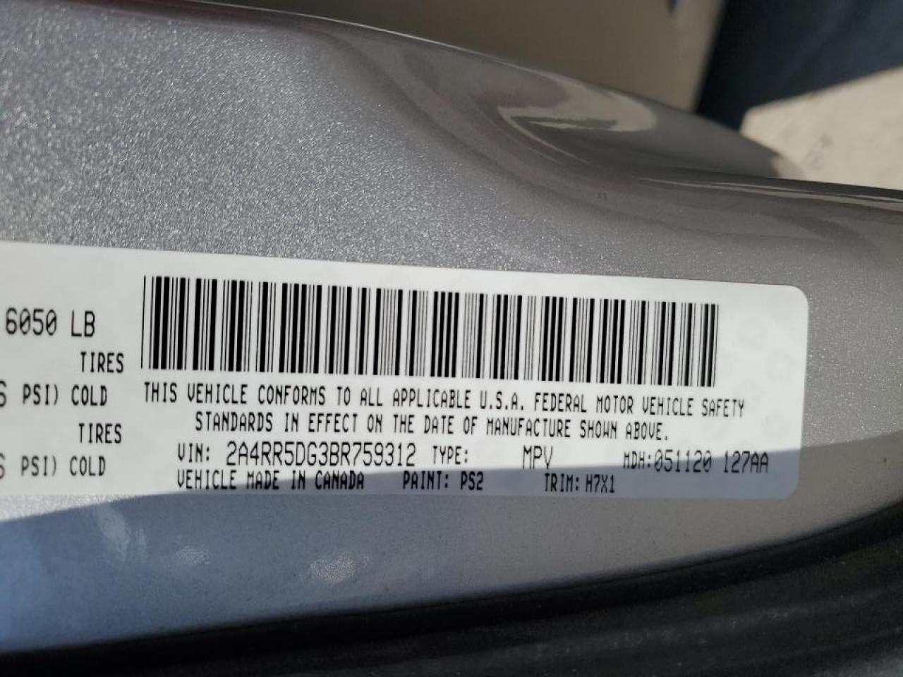 2011 Chrysler Town & Country VIN 2A4RR5DG3BR759312 Copart auction photo, front end / side damage thumbnail 15