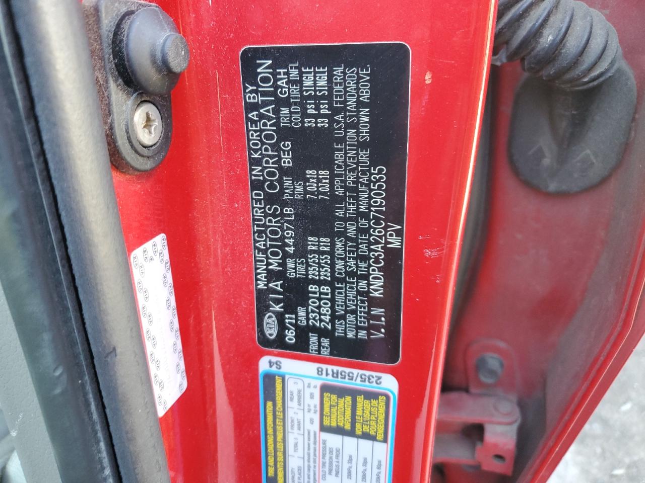 2012 KIA Sportage VIN KNDPC3A26C7190535 Copart auction photo, front end / side damage thumbnail 13