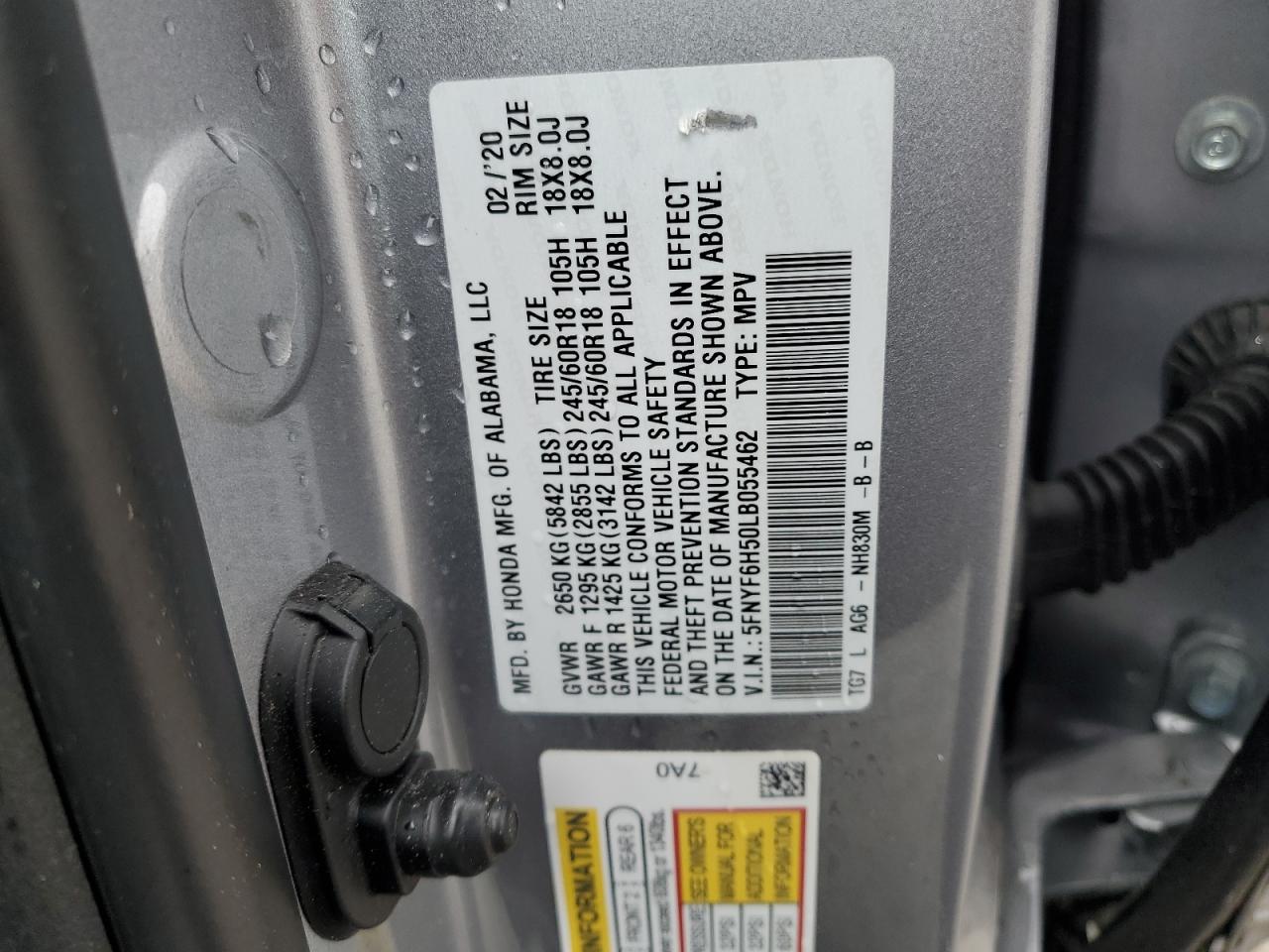 2020 Honda Pilot VIN 5FNYF6H50LB055462 Copart auction photo, side damage thumbnail 13
