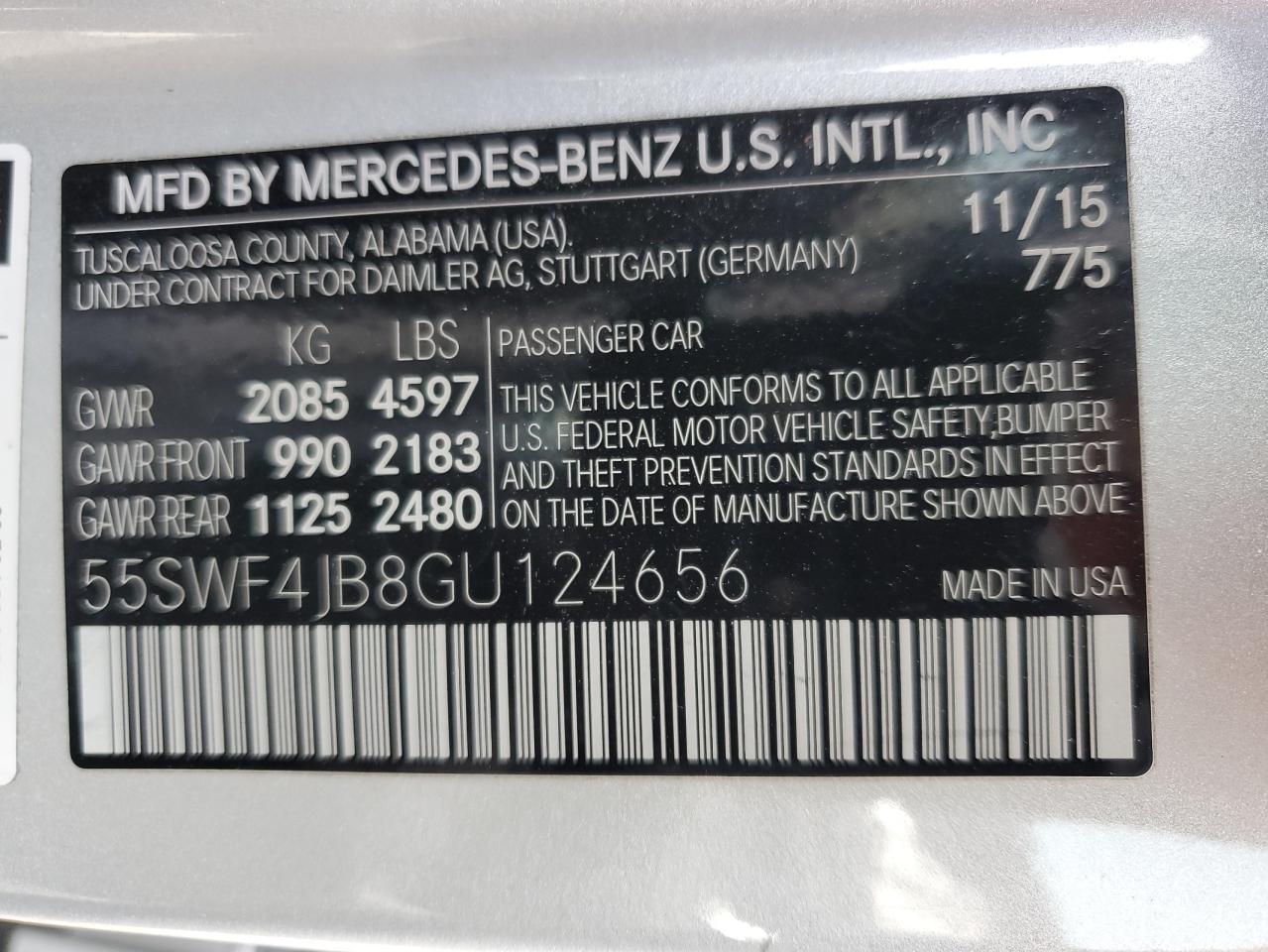 2016 Mercedes-Benz C-klasse VIN 55SWF4JB8GU124656 Copart auction photo, front end damage thumbnail 14
