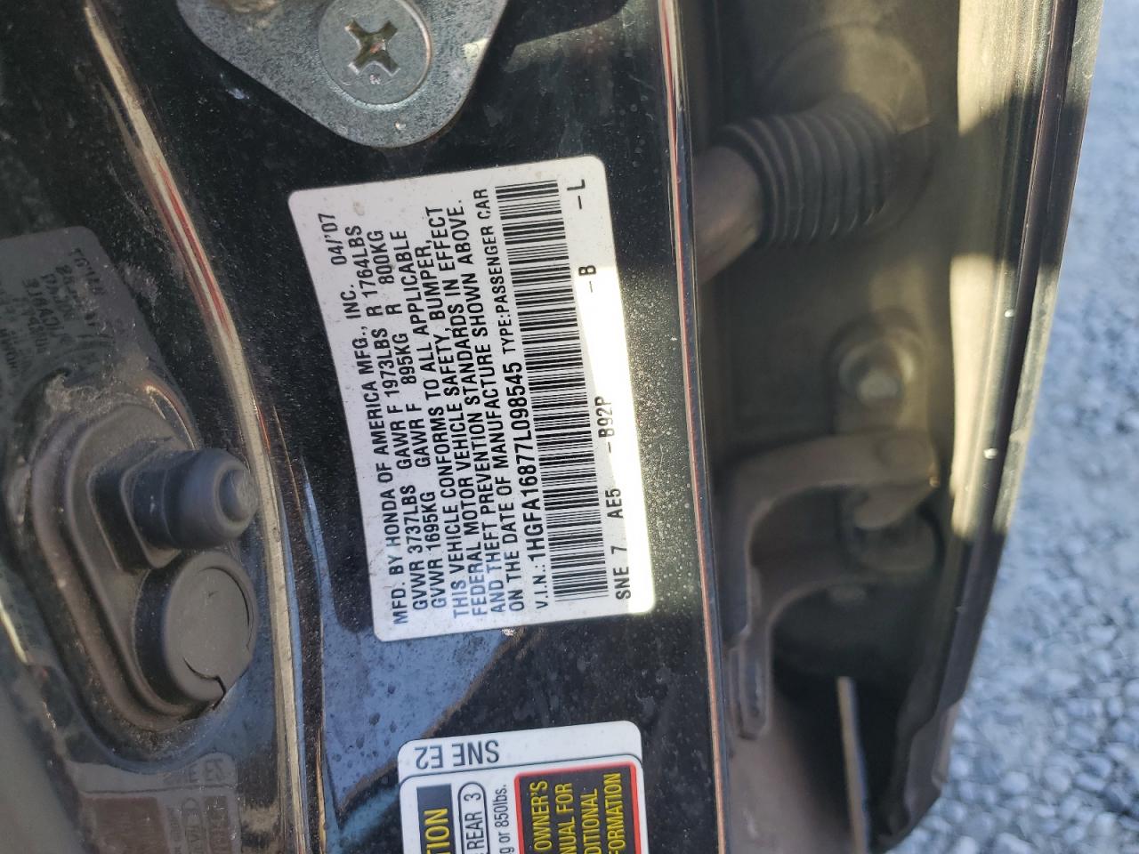 2007 Honda Civic VIN 1HGFA16877L098545 Copart auction photo, front end damage thumbnail 12