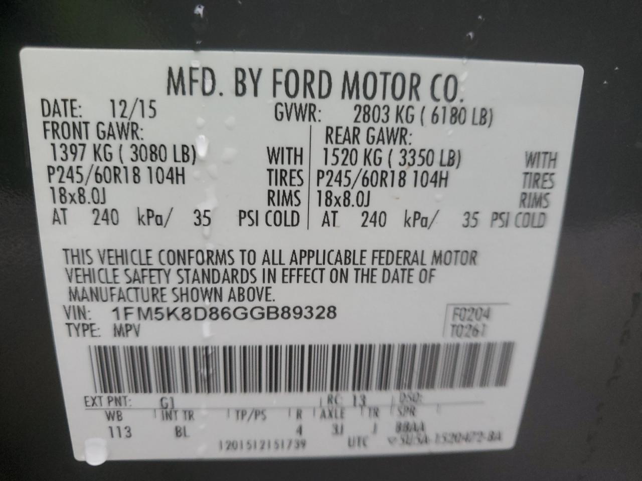 2016 Ford Explorer VIN 1FM5K8D86GGB89328 Copart auction photo, rear end damage thumbnail 15