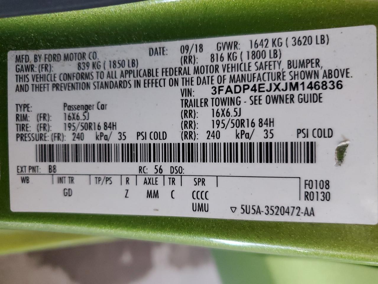 2018 Ford Fiesta VIN 3FADP4EJXJM146836 Copart auction photo, front end damage thumbnail 14