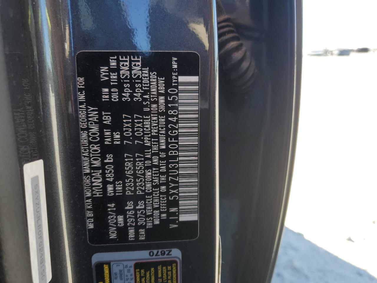 2015 Hyundai Santa Fe VIN 5XYZU3LB0FG248150 Copart auction photo, front end / side damage thumbnail 15