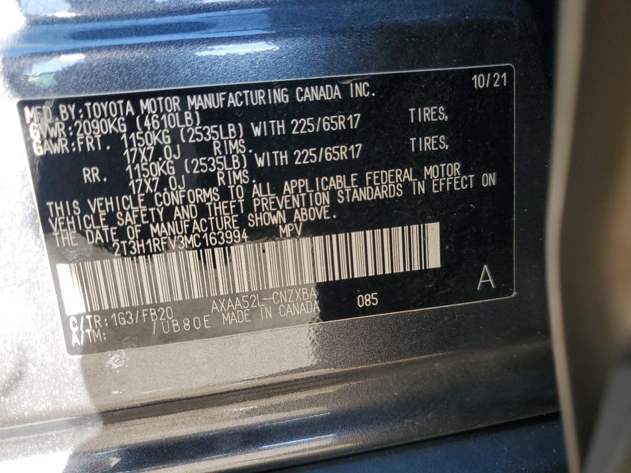 2021 Toyota RAV 4 VIN 2T3H1RFV3MC163994 Copart auction photo, rear end / minor dent/scratches damage thumbnail 15