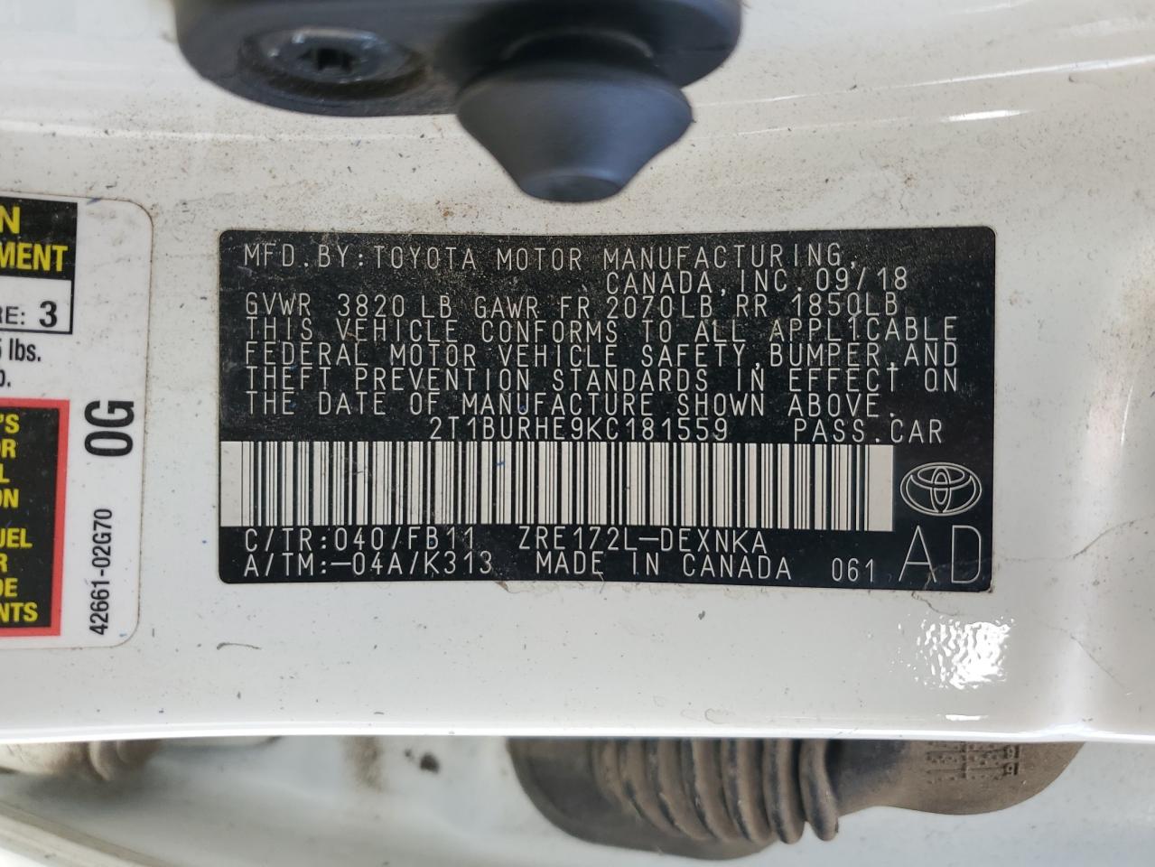 2019 Toyota Corolla VIN 2T1BURHE9KC181559 Copart auction photo, water/flood / rear end damage thumbnail 12