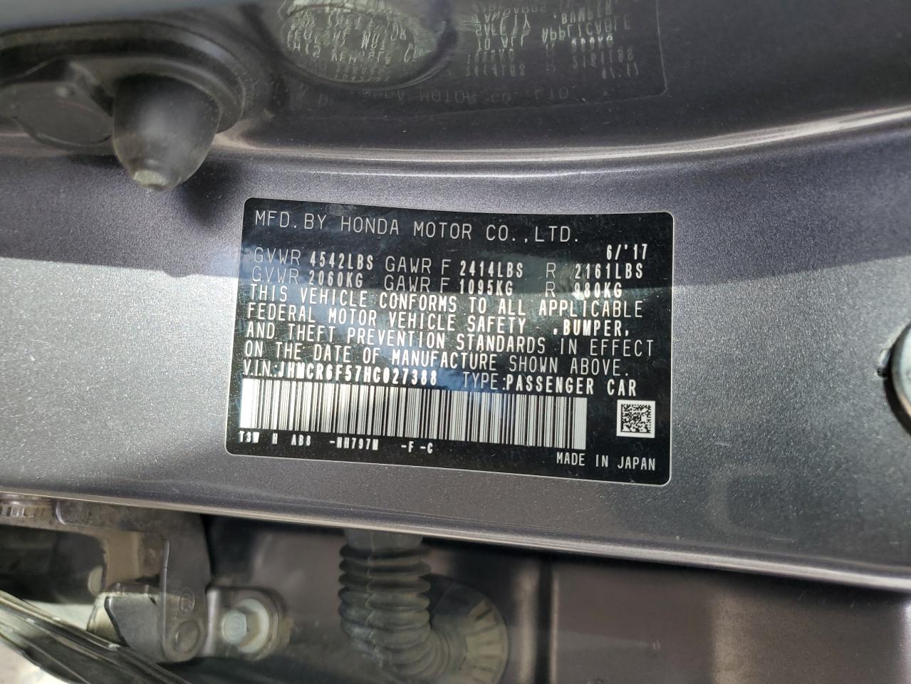 2017 Honda Accord VIN JHMCR6F57HC027388 Copart auction photo, front end / side damage thumbnail 13