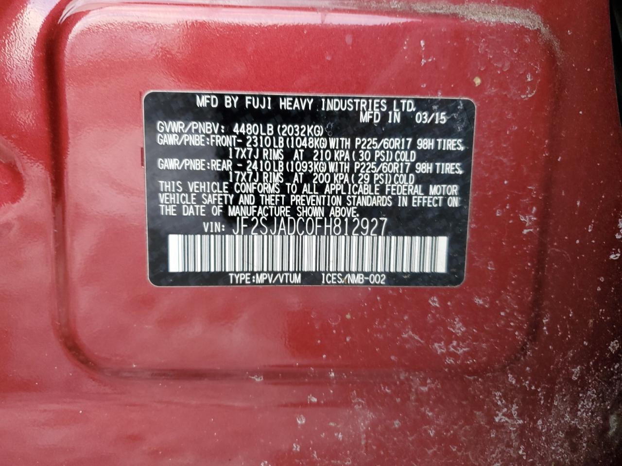 2015 Subaru Forester VIN JF2SJADC0FH812927 Copart auction photo, front end / side damage thumbnail 15