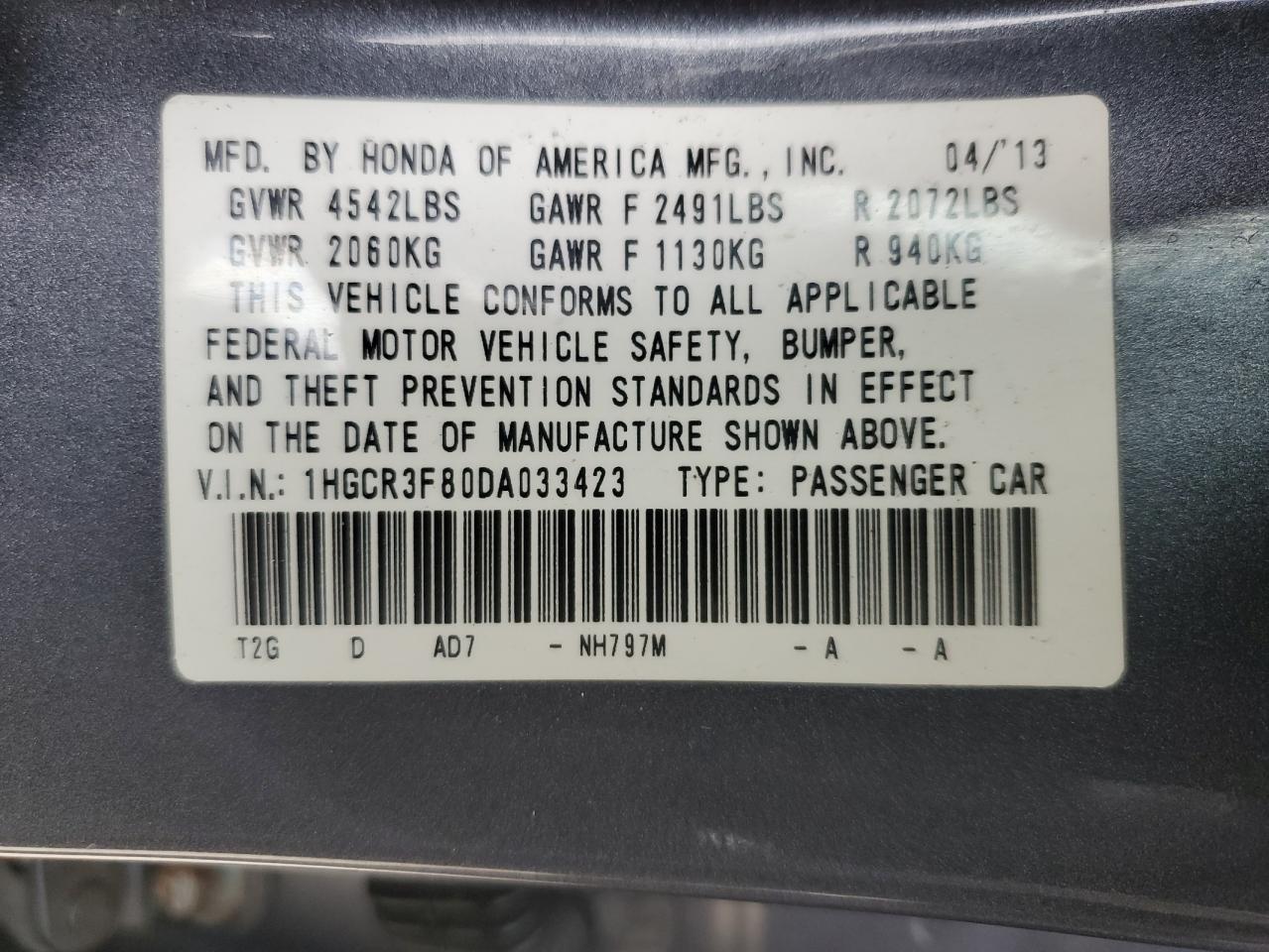 2013 Honda Accord VIN 1HGCR3F80DA033423 Copart auction photo, rear end / minor dent/scratches damage thumbnail 12