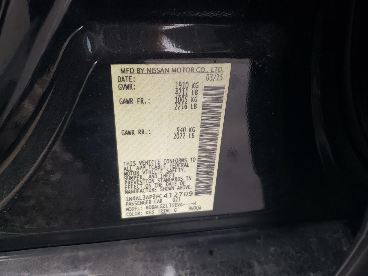 2015 Nissan Altima VIN 1N4AL3AP3FC412709 Copart auction photo, rear end / minor dent/scratches damage thumbnail 12