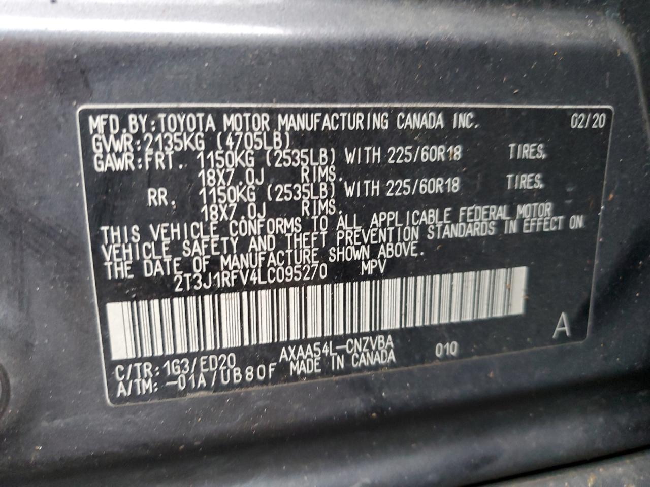 2020 Toyota RAV 4 VIN 2T3J1RFV4LC095270 Copart auction photo, rear end damage thumbnail 15