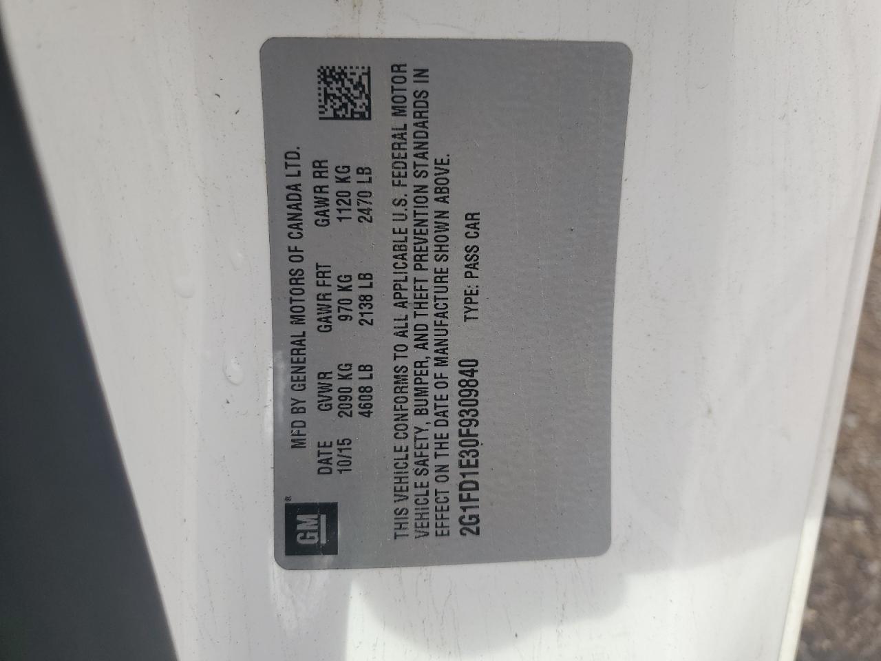 2015 Chevrolet Camaro VIN 2G1FD1E30F9309840 Copart auction photo, front end damage thumbnail 12