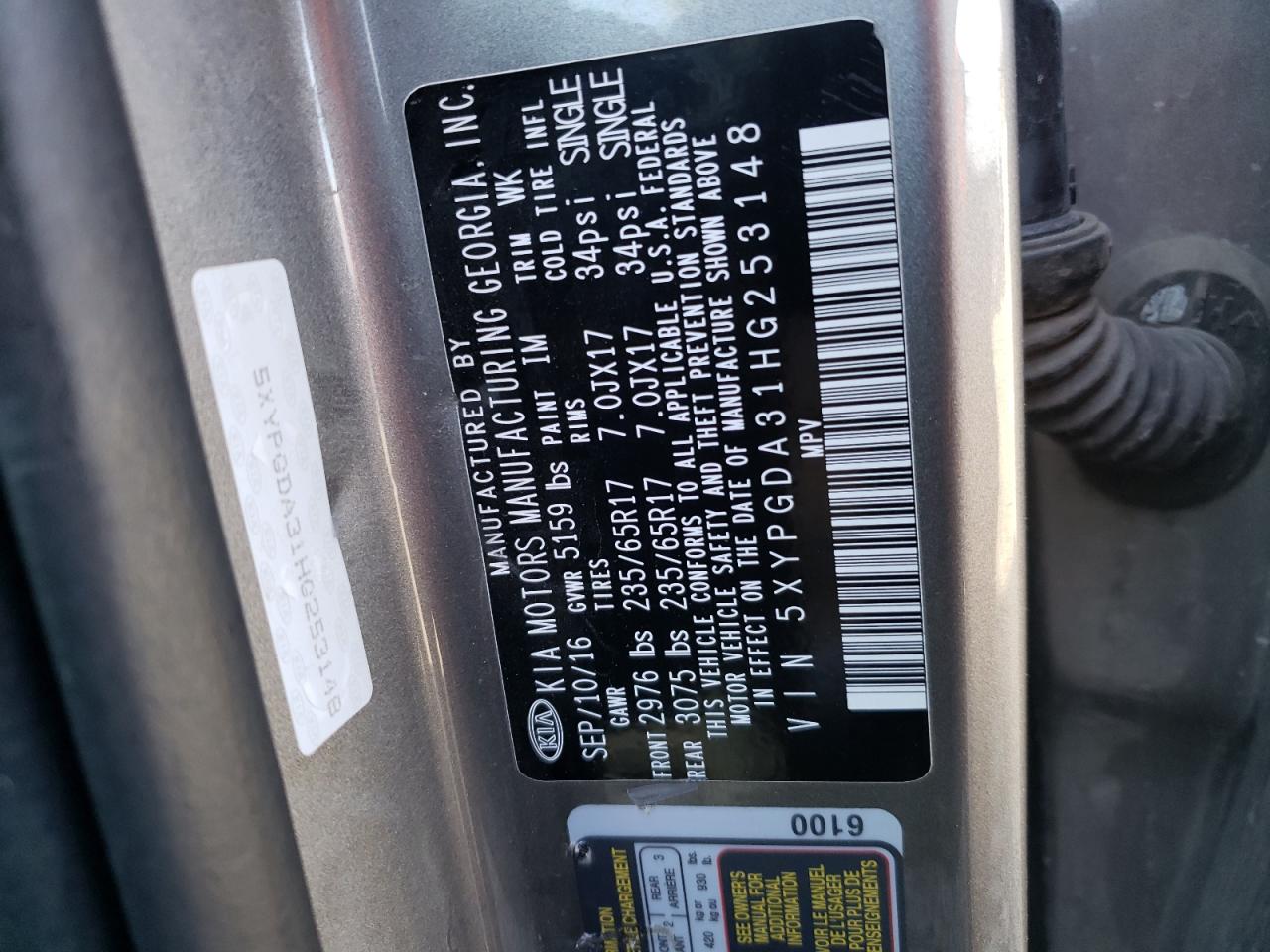 2017 KIA Sorento VIN 5XYPGDA31HG253148 Copart auction photo, front end / minor dent/scratches damage thumbnail 13