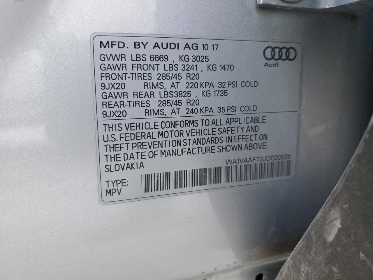 2018 Audi Q7 VIN WA1VAAF73JD020535 Copart auction photo, side damage thumbnail 13