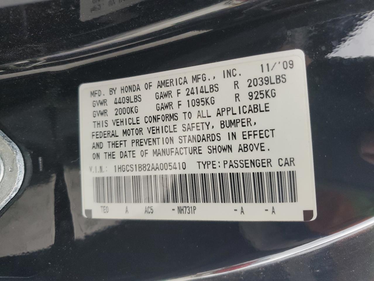 2010 Honda Accord VIN 1HGCS1B82AA005410 Copart auction photo, rear end damage thumbnail 14