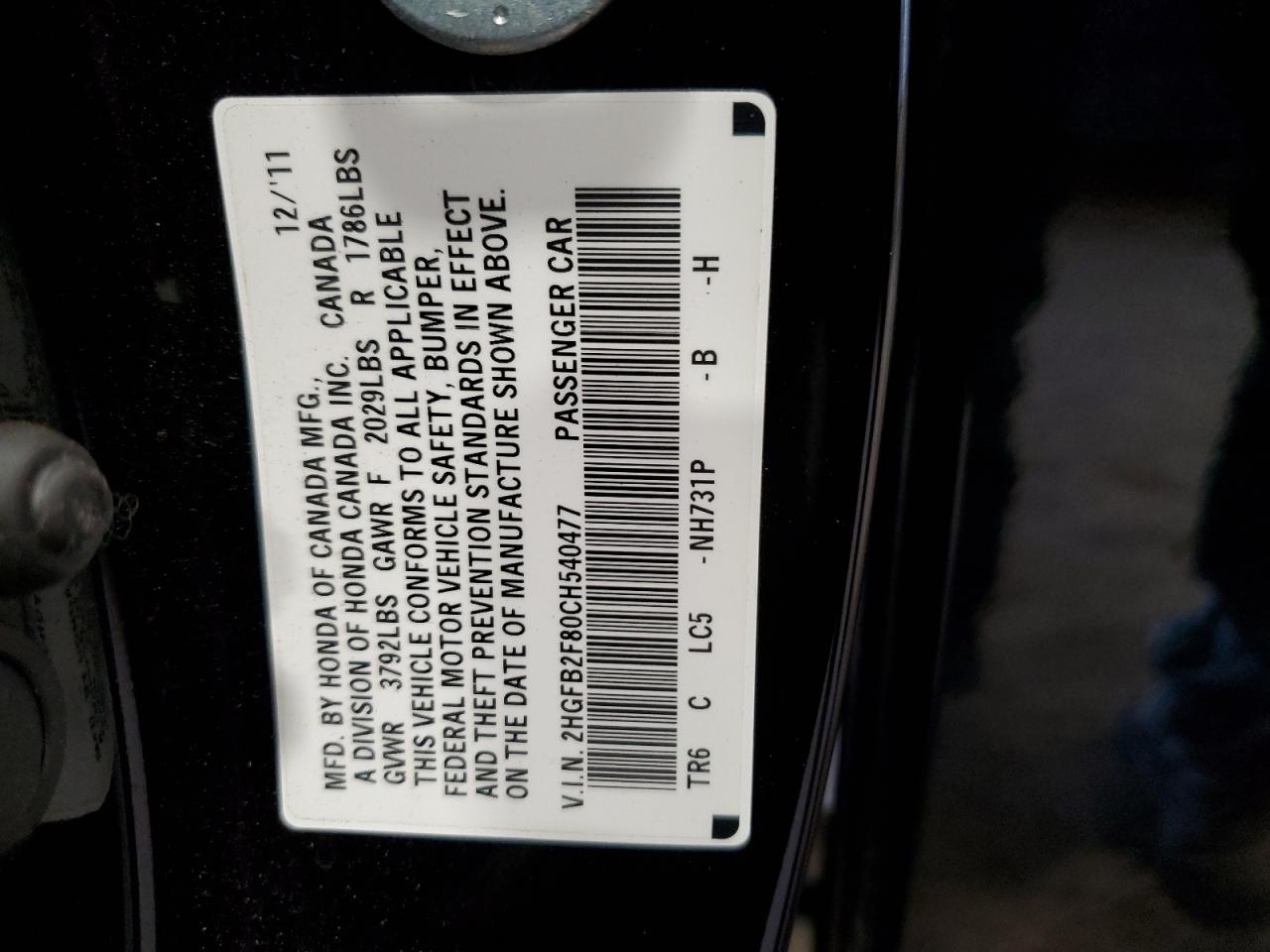 2012 Honda Civic VIN 2HGFB2F80CH540477 Copart auction photo, side damage thumbnail 12