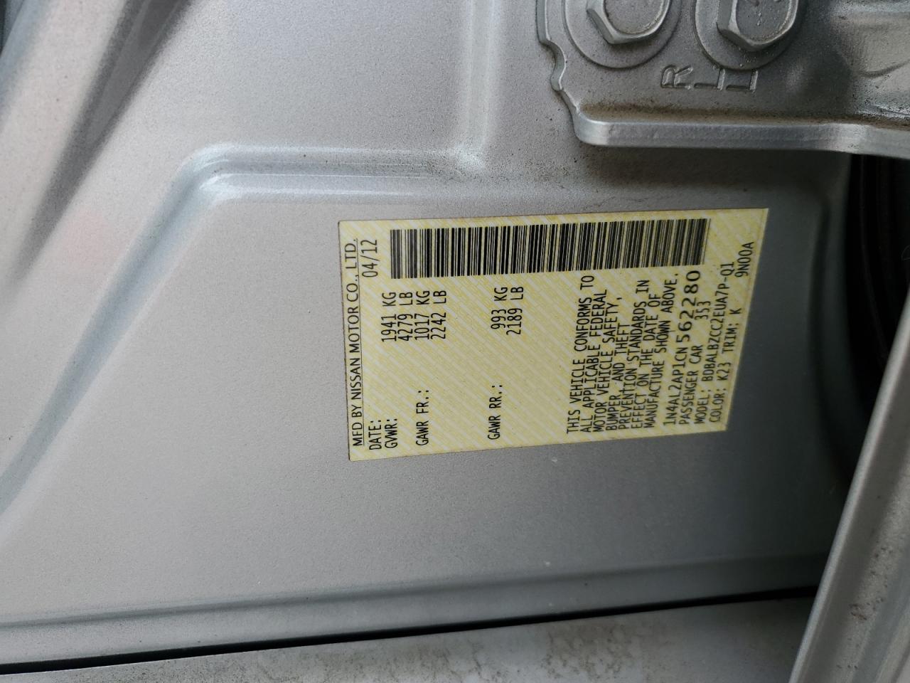2012 Nissan Altima VIN 1N4AL2AP1CN562280 Copart auction photo, all over damage thumbnail 12