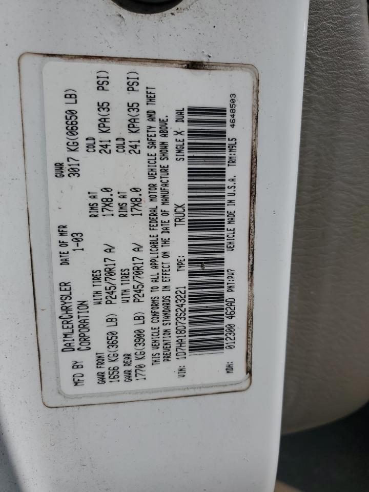 2003 Dodge RAM VIN 1D7HA18D73S243221 Copart auction photo, water/flood / rear end damage thumbnail 13