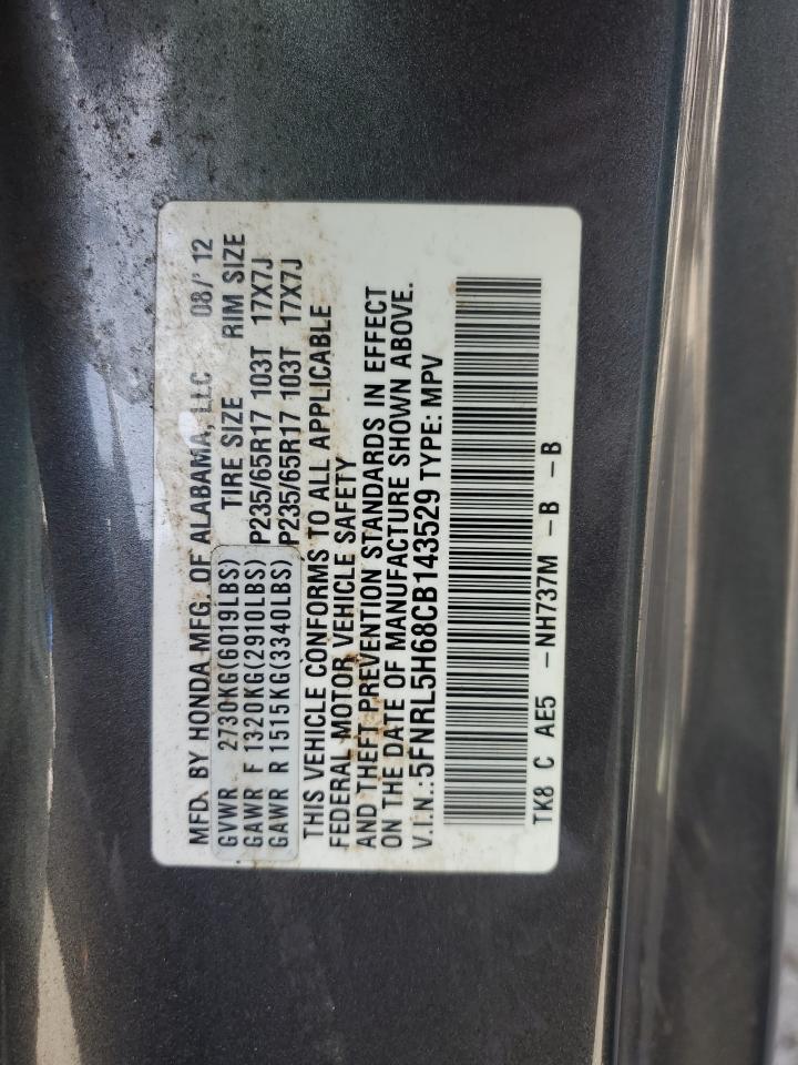 2012 Honda Odyssey VIN 5FNRL5H68CB143529 Copart auction photo, rear end damage thumbnail 14