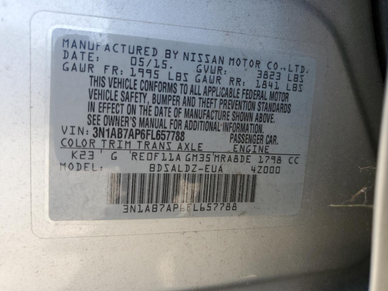 2015 Nissan Sentra VIN 3N1AB7AP6FL657788 Copart auction photo, all over / mechanical damage thumbnail 12