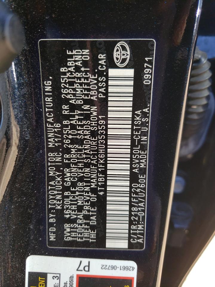 2017 Toyota Camry VIN 4T1BF1FK6HU353591 Copart auction photo, front end damage thumbnail 14