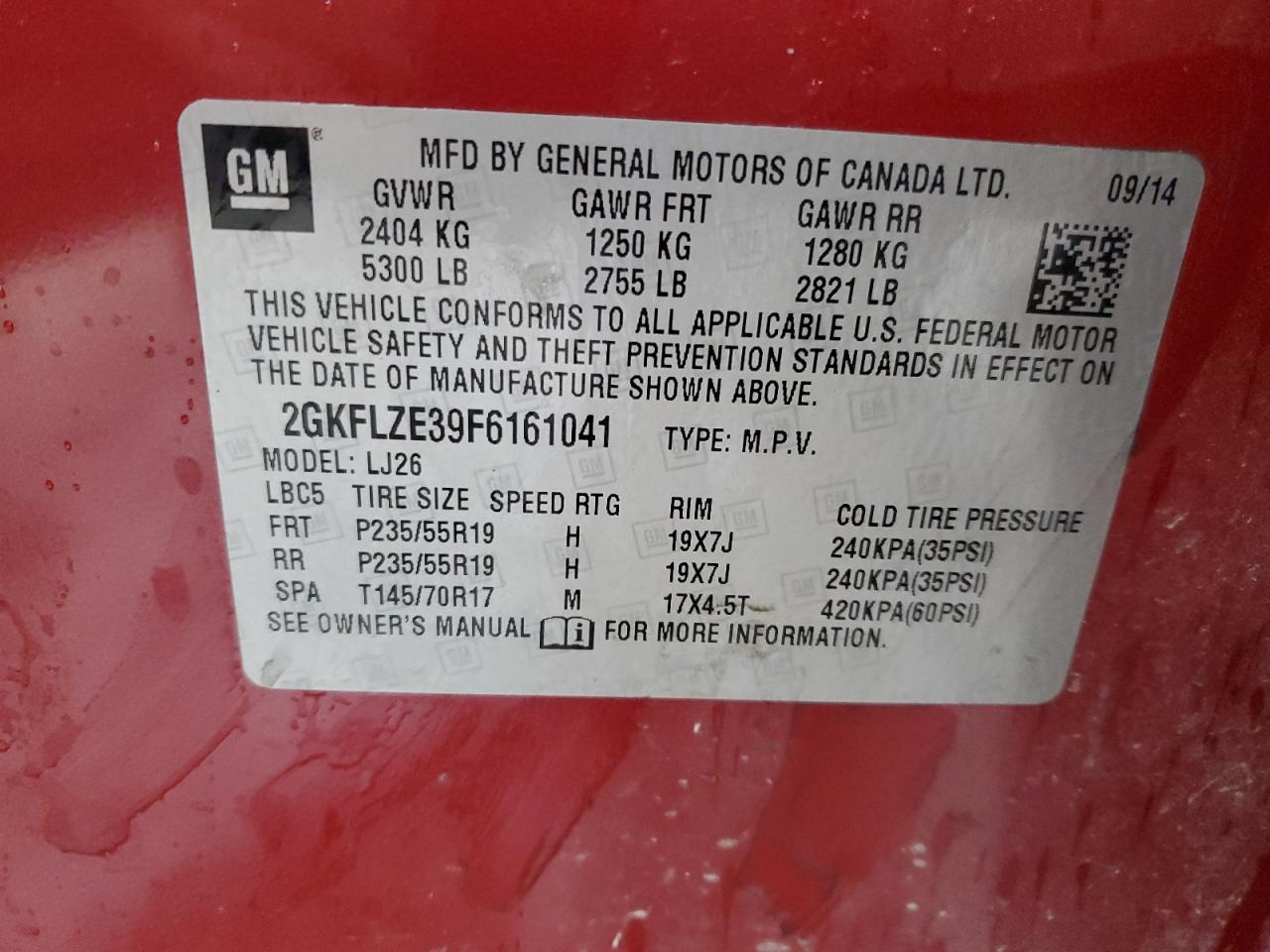 2015 GMC Terrain VIN 2GKFLZE39F6161041 Copart auction photo, front end damage thumbnail 15