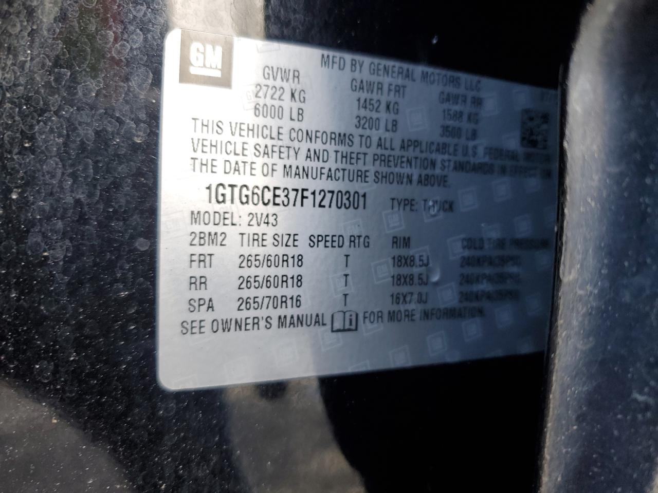 2015 GMC Canyon VIN 1GTG6CE37F1270301 Copart auction photo, minor dent/scratches damage thumbnail 12