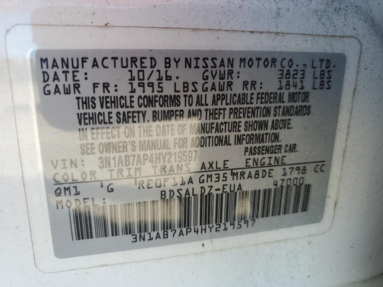 2017 Nissan Sentra VIN 3N1AB7AP4HY219597 Copart auction photo, front end / rear end damage thumbnail 12