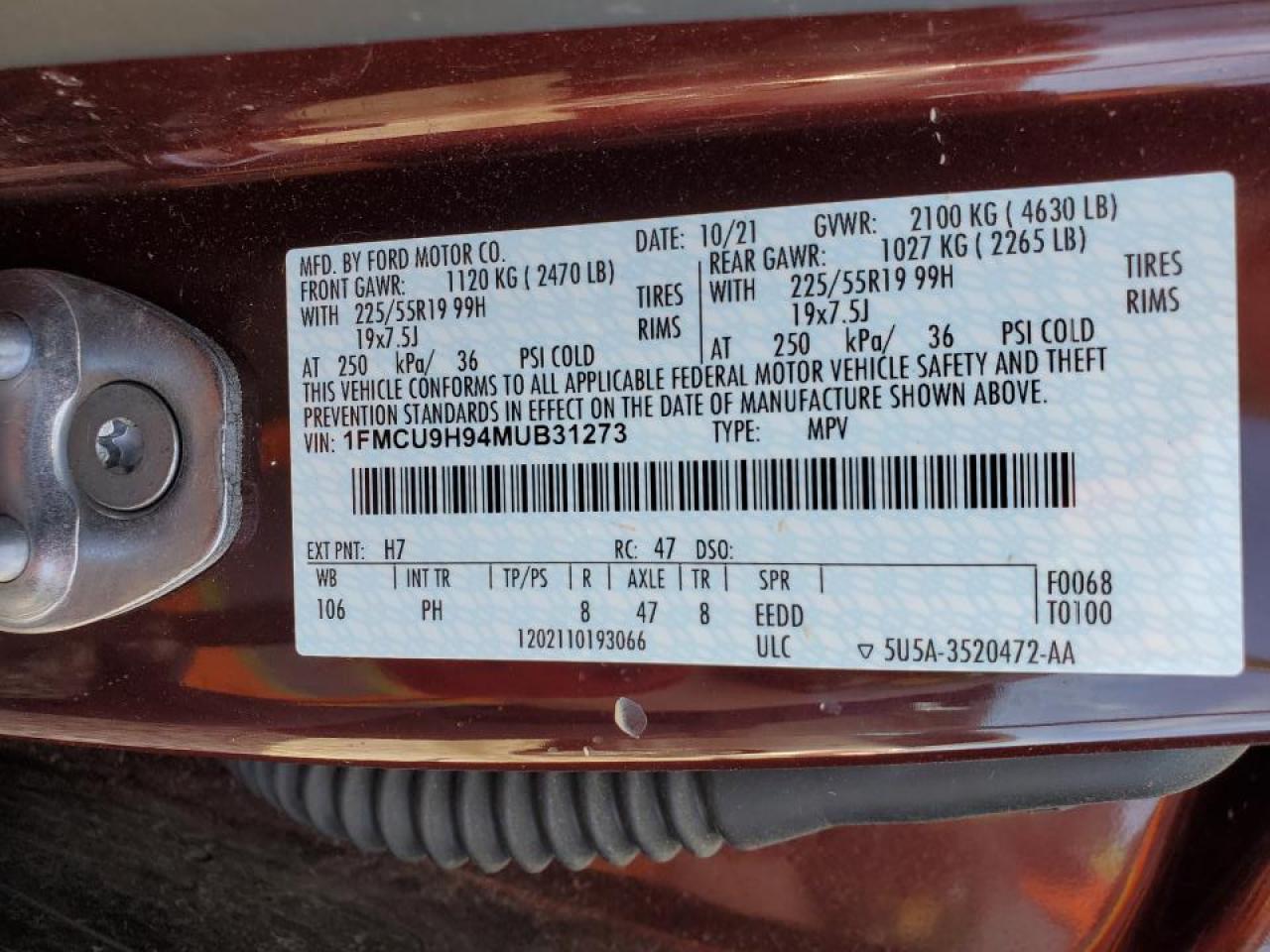 2021 Ford Escape VIN 1FMCU9H94MUB31273 Copart auction photo, front end damage thumbnail 14