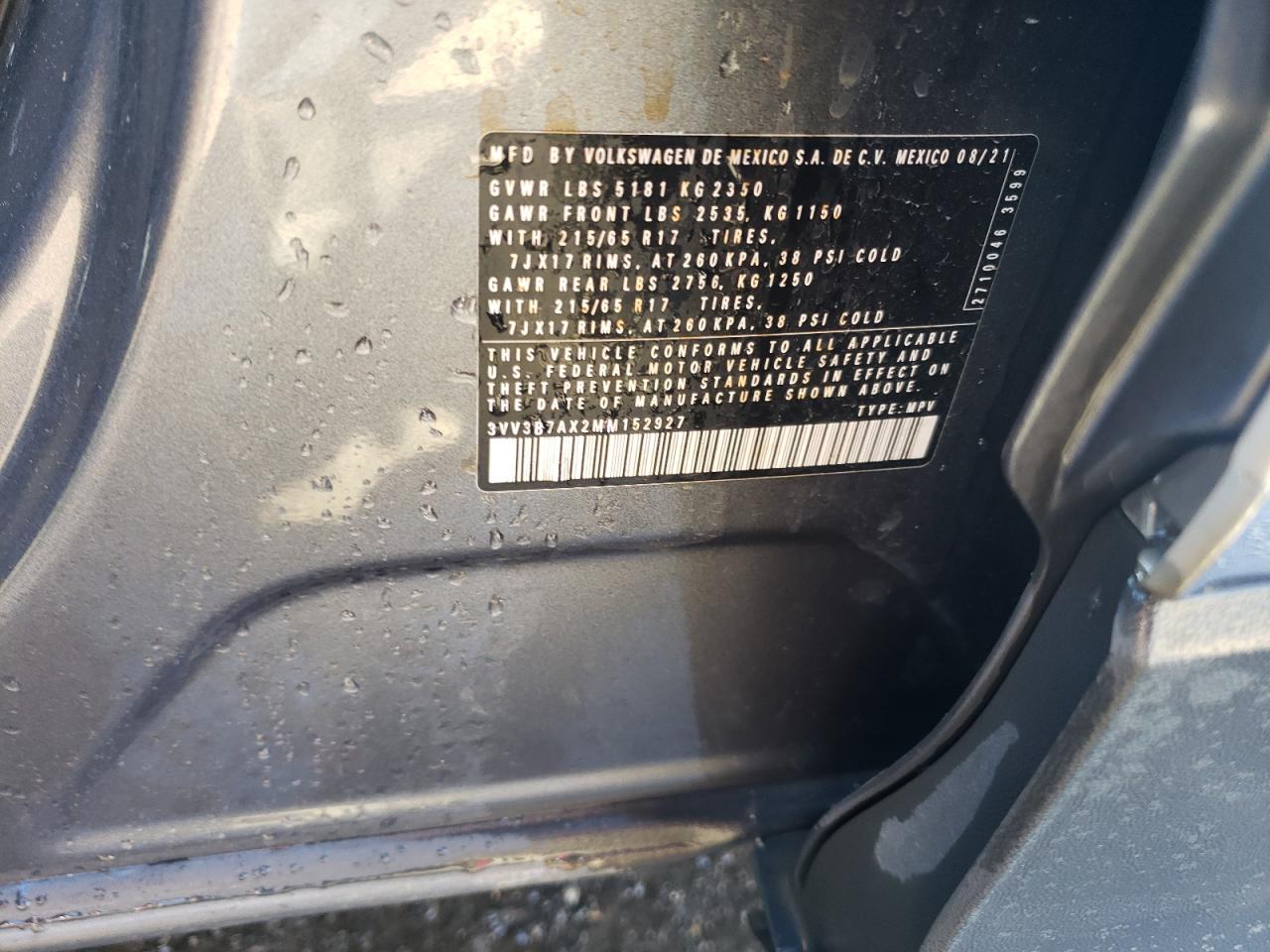 2021 Volkswagen Tiguan VIN 3VV3B7AX2MM152927 Copart auction photo, side / front end damage thumbnail 13